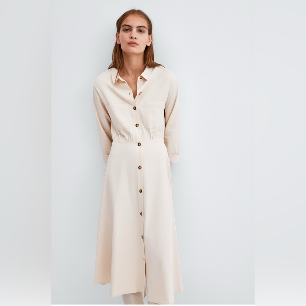 Zara Khaki Cream Long Shirt Button Dress - S